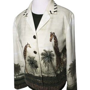 Nancy Bolen Vintage 90s Jacket/ Shirt Set Giraffe Safari Art Blazer Women SZ Med